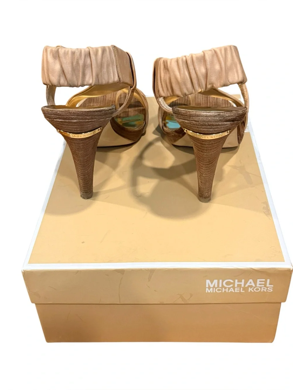 Michael Kors Nude Leather Ankle Strap Wood Platform Heel Sandals Size 9M
